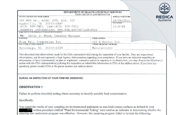 FDA 483 - Blue Bell Creameries Inc L.P [Sylacauga / United States of America] - Download PDF - Redica Systems