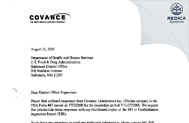 FDA 483 Response - Covance Laboratories, Inc. [Vienna / United States of America] - Download PDF - Redica Systems