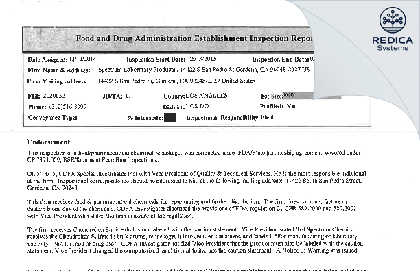 EIR - SPECTRUM LABORATORY PRODUCTS INC. dba SPECTRUM CHEMICAL MFG. CORP. [Gardena California / United States of America] - Download PDF - Redica Systems