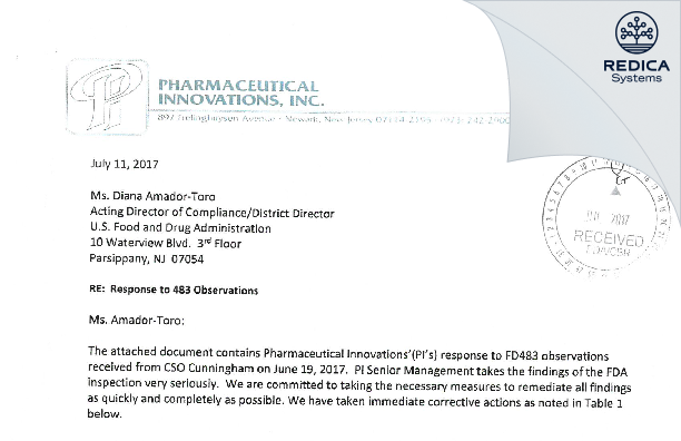 FDA 483 Response - Pharmaceutical Innovations, Inc. [Newark / United States of America] - Download PDF - Redica Systems