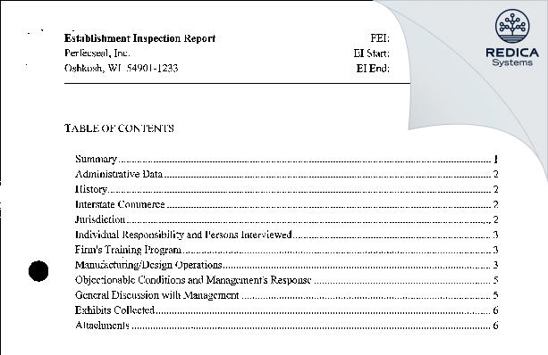 EIR - Perfecseal, Inc. [Oshkosh / United States of America] - Download PDF - Redica Systems
