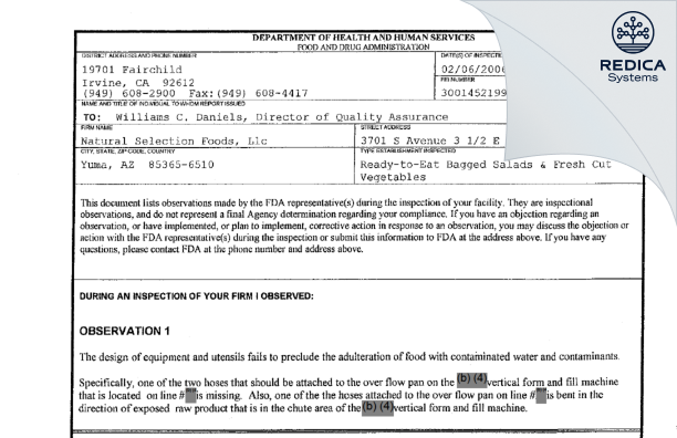 FDA 483 - Taylor Fresh Foods, Inc. [Yuma / United States of America] - Download PDF - Redica Systems