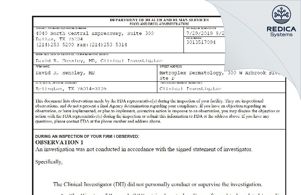 FDA 483 - David R. Hensley, MD [Arlington / United States of America] - Download PDF - Redica Systems