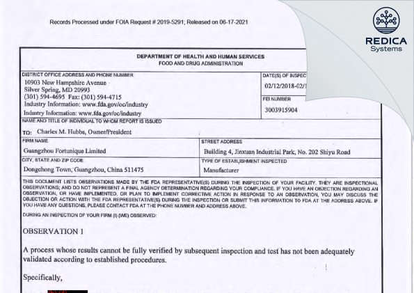 FDA 483 - Guangzhou Fortunique Limited [Guangzhou / China] - Download PDF - Redica Systems