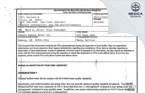 FDA 483 - Famous Ramona Water Inc [Ramona / United States of America] - Download PDF - Redica Systems