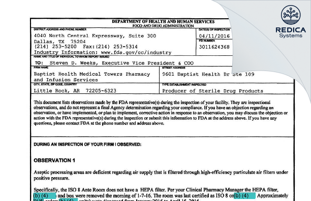 FDA 483 - Option Care Enterprises, Inc. dba Option Care [Little Rock / United States of America] - Download PDF - Redica Systems