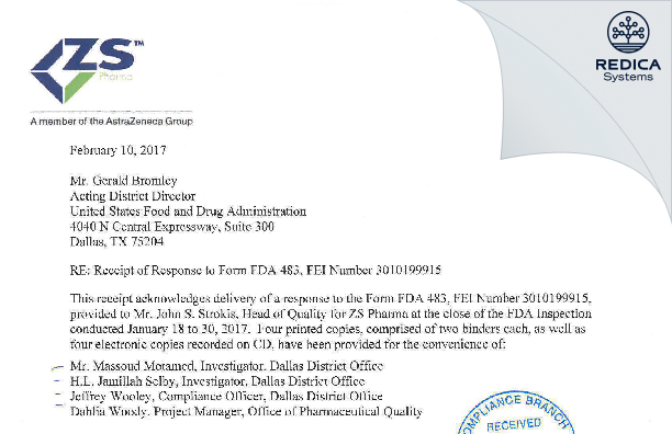 FDA 483 Response - AstraZeneca Pharmaceuticals LP [Coppell / United States of America] - Download PDF - Redica Systems