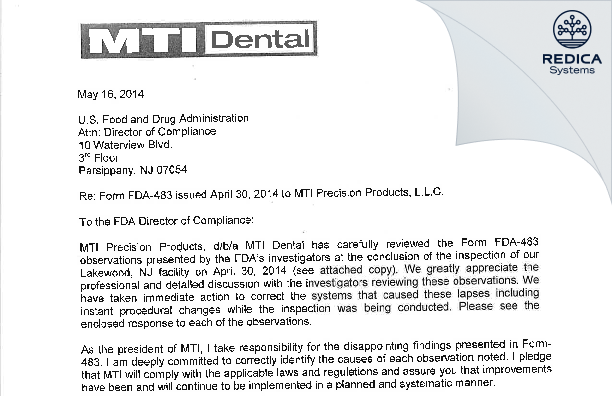 FDA 483 Response - MTI Precision Products LLC. [Coatesville / United States of America] - Download PDF - Redica Systems