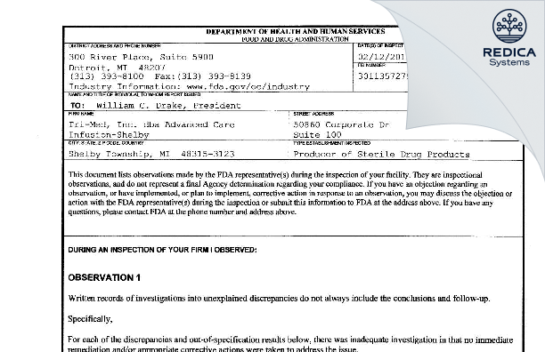 FDA 483 - Tri-Med, Inc. dba Advanced Care Infusion-Shelby [Clinton Township / United States of America] - Download PDF - Redica Systems