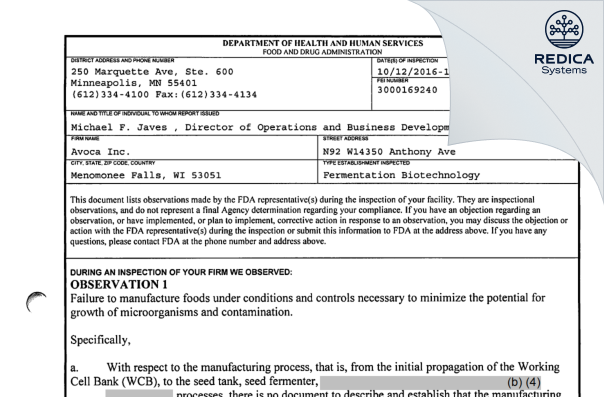 FDA 483 - Avoca Inc. [Menomonee Falls / United States of America] - Download PDF - Redica Systems