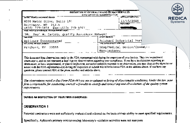 FDA 483 - Aplicare Incorporated [Prichard / United States of America] - Download PDF - Redica Systems