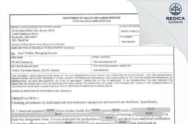 FDA 483 - PCAS Finland Oy [Turku / Finland] - Download PDF - Redica Systems