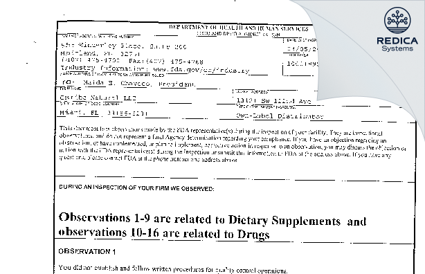 FDA 483 - Caribe Natural LLC [Miami / United States of America] - Download PDF - Redica Systems