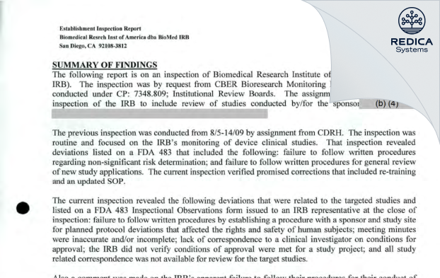 EIR - Biomedical Research Inst. of America [San Diego / United States of America] - Download PDF - Redica Systems