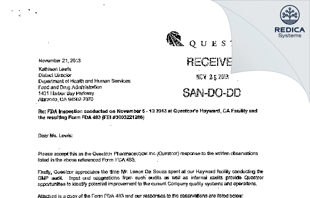 FDA 483 Response - Questcor Pharmaceuticals Inc. (Subsidiary of Mallinckrodt) [Hayward / United States of America] - Download PDF - Redica Systems