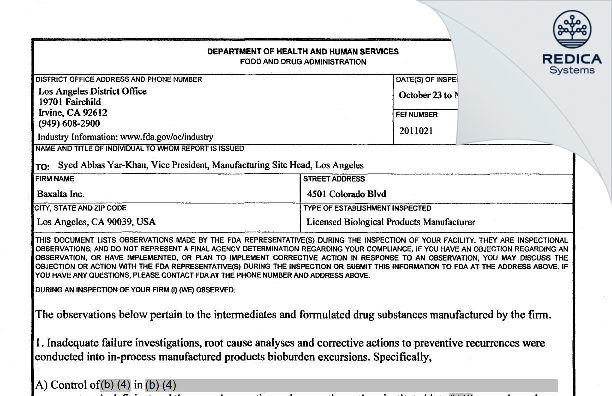 FDA 483 - BAXALTA US INC. [Los Angeles / United States of America] - Download PDF - Redica Systems