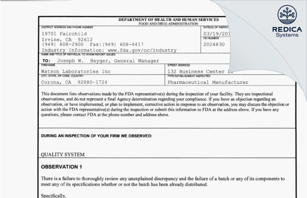 FDA 483 - Watson Laboratories, Inc. [Corona / United States of America] - Download PDF - Redica Systems