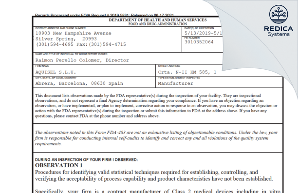 FDA 483 - AQUISEL S.L.U. [Abrera / Spain] - Download PDF - Redica Systems