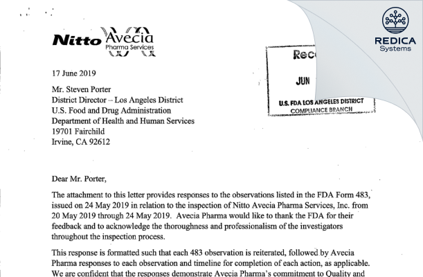 FDA 483 Response - Nitto Avecia Pharma Services, Inc. [Irvine / United States of America] - Download PDF - Redica Systems
