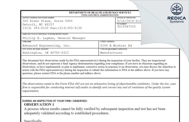 FDA 483 - Advanced Engineering, Inc. [Huntington / United States of America] - Download PDF - Redica Systems