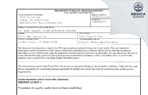 FDA 483 - Evans Manufacturing [Garden Grove California / United States of America] - Download PDF - Redica Systems