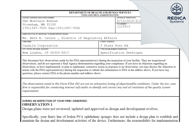 FDA 483 - Carwild Corporation [New London / United States of America] - Download PDF - Redica Systems