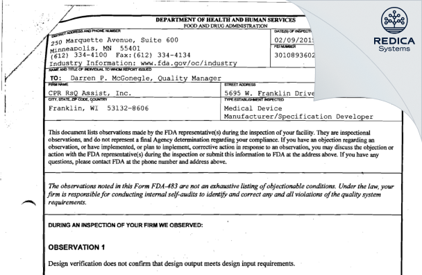 FDA 483 - CPR RsQ Assist, Inc. [Franklin / United States of America] - Download PDF - Redica Systems