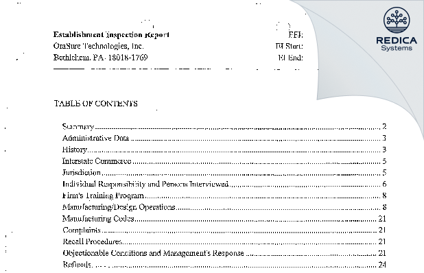 EIR - OraSure Technologies, Inc. [Bethlehem / United States of America] - Download PDF - Redica Systems