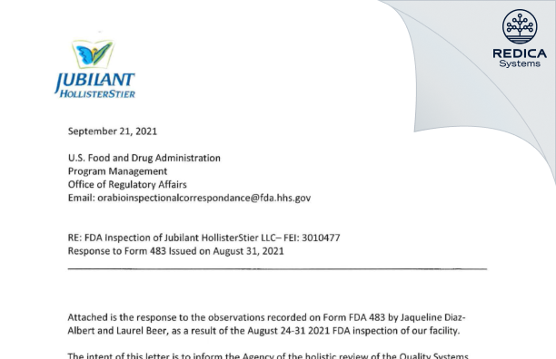 FDA 483 Response - Jubilant HollisterStier LLC [Spokane / United States of America] - Download PDF - Redica Systems