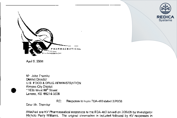 FDA 483 Response - KV Pharmaceutical Co [Bridgeton / United States of America] - Download PDF - Redica Systems