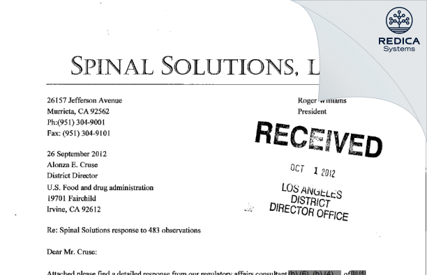 FDA 483 Response - Spinal Solutions, LLC [Murrieta / United States of America] - Download PDF - Redica Systems