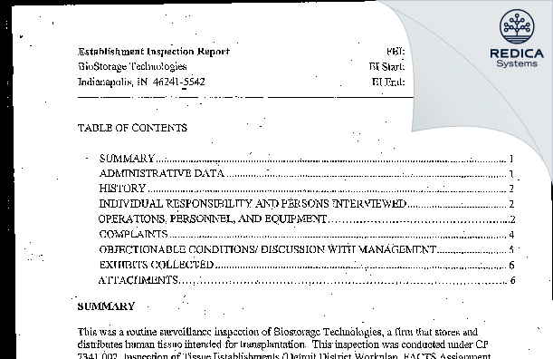 EIR - Biostorage Technologies, Inc. [Indianapolis / United States of America] - Download PDF - Redica Systems