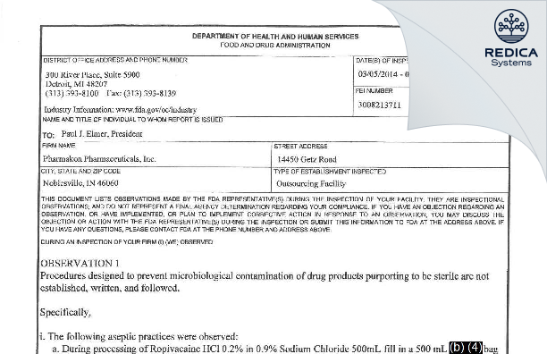 FDA 483 - Pharmakon Pharmaceuticals, Inc. [Noblesville / United States of America] - Download PDF - Redica Systems