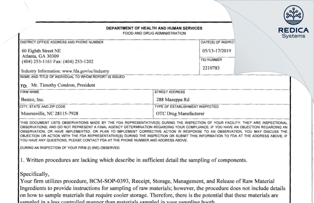 FDA 483 - Bestco, LLC [Mooresville / United States of America] - Download PDF - Redica Systems
