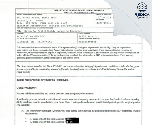 FDA 483 - Materialise USA LLC [Plymouth / United States of America] - Download PDF - Redica Systems