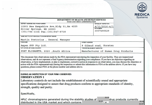 FDA 483 - Aspen SA Sterile Operations (Pty) Ltd [Gqeberha / South Africa] - Download PDF - Redica Systems