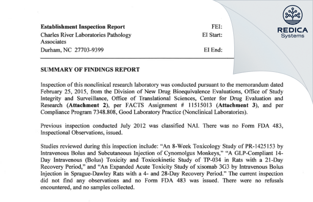 EIR - Charles River Laboratories [Durham / United States of America] - Download PDF - Redica Systems