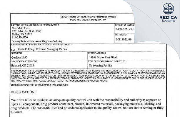 FDA 483 - Qualgen, LLC [Edmond / United States of America] - Download PDF - Redica Systems