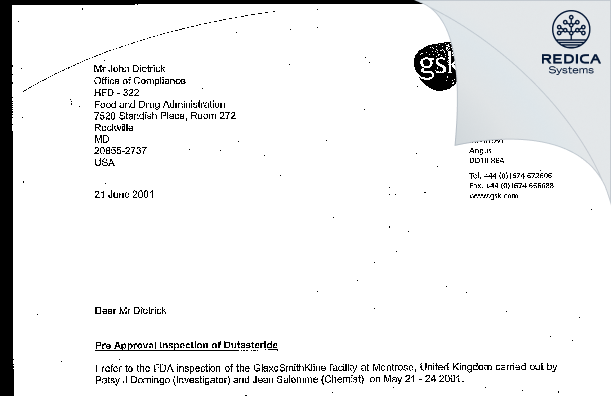 FDA 483 Response - GlaxoSmithKline [Montrose / United Kingdom of Great Britain and Northern Ireland] - Download PDF - Redica Systems