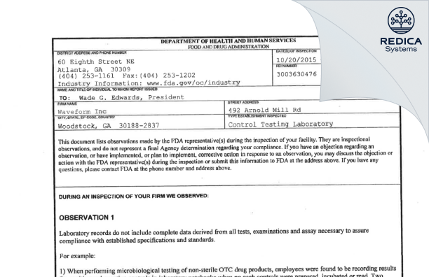 FDA 483 - Waveform Inc [Woodstock / United States of America] - Download PDF - Redica Systems