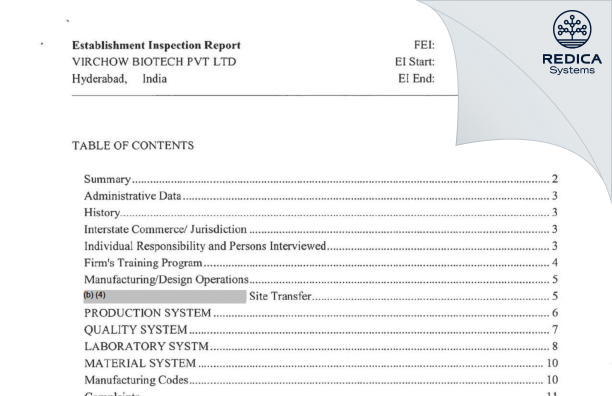 EIR - Virchow Biotech Private Limited [India / India] - Download PDF - Redica Systems