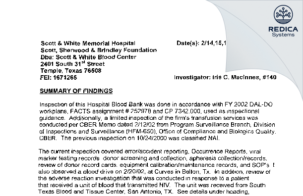 EIR - Scott & White Memorial Hospital [Temple / United States of America] - Download PDF - Redica Systems