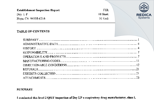 EIR - Mylan Specialty, L.P. [Napa / United States of America] - Download PDF - Redica Systems