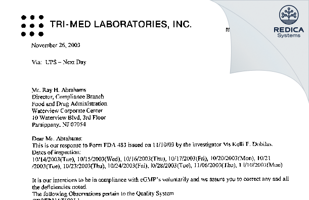 FDA 483 Response - Tri-Med Laboratories Inc [Somerset / United States of America] - Download PDF - Redica Systems