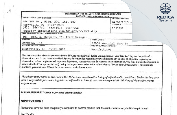 FDA 483 - Sanmina Corporation [Huntsville / United States of America] - Download PDF - Redica Systems