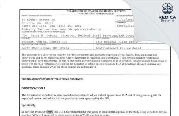 FDA 483 - Trident Health System Irb [Charleston / United States of America] - Download PDF - Redica Systems
