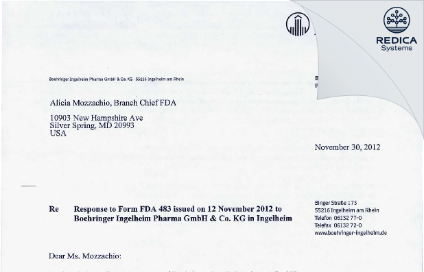 FDA 483 Response - Boehringer Ingelheim Pharma GmbH and Co. KG [Ingelheim Am Rhein / Germany] - Download PDF - Redica Systems