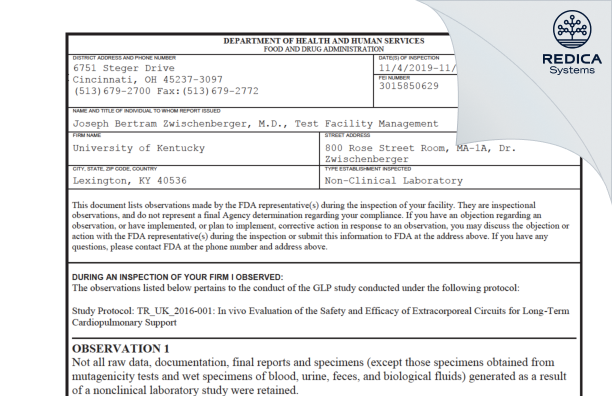 FDA 483 - University of Kentucky [Lexington / United States of America] - Download PDF - Redica Systems