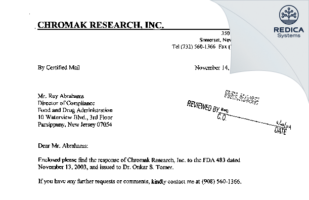 FDA 483 Response - Chromak Research, Inc. [Jersey / United States of America] - Download PDF - Redica Systems