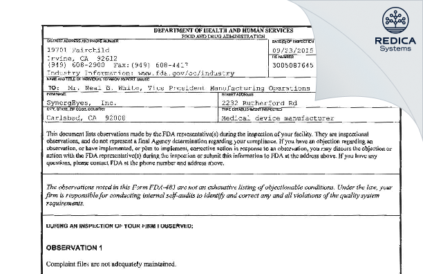 FDA 483 - SynergEyes, Inc [Carlsbad / United States of America] - Download PDF - Redica Systems